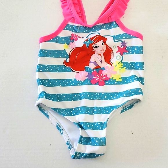 Disney Little Mermaid Striped Baby One Piece Swimsuit - Picture 1 of 7